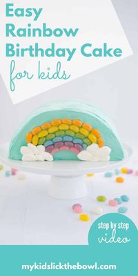 This rainbow birthday cake is such an easy homemade birthday cake idea for children, step-by-step recipe video plus full illustrated instructions, you can't go wrong with this one, their birthday will be full of magical rainbows and special memories. Get the tutorial here at My Kids Lick The Bowl