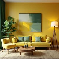 This stunning yellow living room features a vibrant yellow wall that brings warmth and energy to the space. The room is elegantly furnished with a round wooden table and modern white chairs, creating a perfect blend of contemporary and cozy. Natural light floods the room through large windows, highlighting the lush green plants and minimalist decor. The yellow rug adds a cohesive touch, making this living room a perfect example of modern design with a cheerful twist.