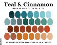 PROCREATE COLOR PALETTE CINNAMON TEAL  Teal and Tan color palette for Procreate, Canva, and beyond. Perfect for digital illustration, pattern design, weddings and branding.  This  30 handpicked colors, ready to install in a Procreate palette swatches file. Buy this more than one Procreate Color Palette or bundle with complimentary to save on normal prices.  Browse our shop for more useful Procreate tools. https://www.etsy.com/uk/shop/KoovoxDigitalStudio ❤ WHAT IS INCLUDED IN INSTANT DOWNLOAD - 1