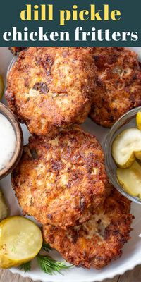 These Dill Pickle Chicken Fritters are crispy, cheesy, and loaded with flavor! Think fried pickles + cheesy chicken, and that gives you a good idea of how amazing these easy chicken fritters are!