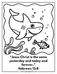 Happy shark swimming in the ocean theme bible verse coloring pages