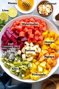 30min · 5 servings     12 ingredients  Produce  • 1 Banana ( 1/2-inch thick slices, large  • 2 Dragon fruit  • 3 Kiwi (quartered, 1/4-inch thick slices  • 1 tsp Lime, zest  • 1 Mango  • 1 tbsp Mint  • 1 Papaya  • 1 cup Pineapple, wedges  • 2 cups Watermelon  Condiments  • 1/4 cup Honey  • 2 tbsp Lime juice