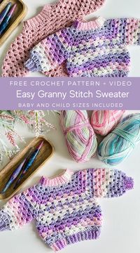 Easy free crochet pattern for a seamless top-down raglan sweater for babies and kids. One-peice, Top-down construction. Video Included.