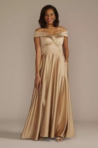 Occasion Dresses - Oleg Cassini Embroidered Off-the-Shoulder Satin A-Line Dress Style # WBM3688 – View Image 1