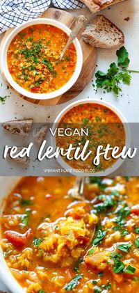 An easy Vegan Red Lentil Stew recipe that comes together in 20 minutes. This is our go-to stew recipe that is healthy, hearty, and filling!