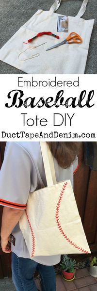 Embroidered baseball bag DIY, tote bag tutorial on DuctTapeAndDenim.com