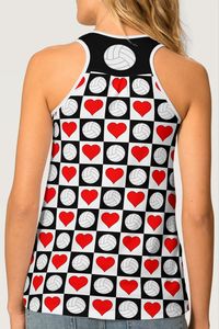 🏐 A fun and unique tank top for volleyball players, featuring a black and white checkered design with red hearts on the white squares and a volleyball graphic on the black squares.