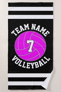 🏐 Make your own customized pink volleyball beach towels! Personalize them with your own volleyball team name and player jersey numbers. The background color, currently set on black, can also be customized as well to match your team colors! These are perfect for bringing to volleyball games and practices, or use them at the beach or pool. Especially great for beach volleyball players!