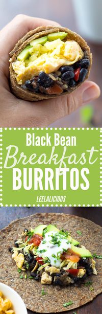 This Healthy Black Bean Breakfast Burrito Recipe features a hearty bean & hash brown filling with scrambled eggs, cheese, avocado and salsa rolled into whole wheat tortillas. This is a great healthy breakfast idea that can also be made ahead. Substitute plain Greek yogurt for the sour cream to keep this recipe clean eating friendly. Pin now to make later!