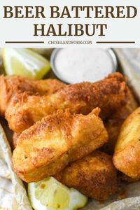 This beer battered halibut is made with basic ingredients that creates a crunchy coating around the sweet and buttery fish. #beerbatteredhalibut #beerbatteredfish #friedfish | chiselandfork.com