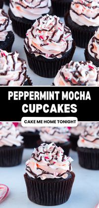 Peppermint mocha cupcakes made with chocolate mocha cake, candy cane buttercream frosting, chocolate ganache, and crushed candy canes. Easy cupcake recipe.