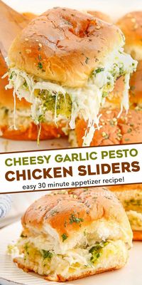 These Cheesy Garlic Pesto Chicken Sliders are gooey, hot, and so easy to make. Made with just 7 simple ingredients, with make ahead and freezer directions, they're the ultimate delicious party food! #sliders #pesto #chicken