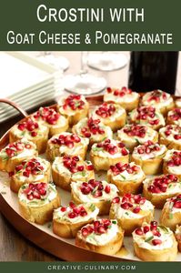 Not just pretty but delicious too; this Crostini Appetizer with Goat Cheese, Pomegranate and Rosemary are perfect for holiday entertaining from Thanksgiving through the New Year.