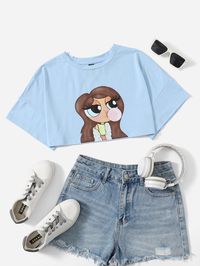 Baby Blue Casual Collar Short Sleeve Polyester Figure  Embellished Slight Stretch Summer Women Tops, Blouses & Tee