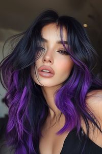 Add a touch of glamour to your sleek black hair with vibrant purple highlights! This chic look enhances shine and style, making a bold statement that’s both elegant and eye-catching.