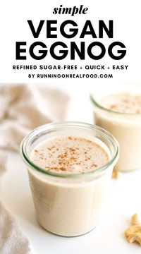 This simple vegan eggnog can be made in your blender in minutes! Enjoy this wonderful, rich and delicious drink during the holidays. It's perfect on its own or amazing served over ice with a splash or rum or whiskey, frothed for an eggnog latte or used in a smoothie.