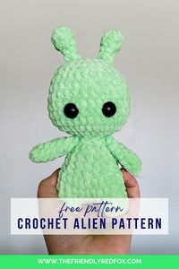 This crochet alien pattern will knock you out of this world for three reasons: it is very low sew, works up quickly, and is made with cuddly, plush yarn.