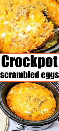 Crockpot Scrambled Eggs are a great breakfast at Christmas in the morning. Breakfast casserole in slow cooker with sausage and hash browns. #crockpotrecipes #crockpoteggs #scrambledeggs #slowcookereggs