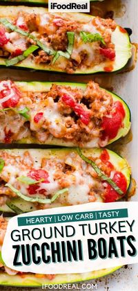 These Ground Turkey Zucchini Boats are great as a low carb meal that’s both easy to make and even easier to enjoy! Your kids will even love these zucchini boats. They’re stuffed with a delicious bolognese style filling, topped with cheese, and then baked until they’re perfectly tender and the cheese is bubbling.