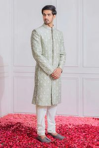 Buy Ankit V Kapoor Raw Silk Embroidered Sherwani Set Online | Aza Fashions