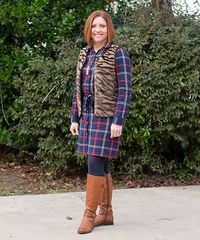 Plaid and fur - Savvy Southern Chic, plaid dress, riding boots outfit