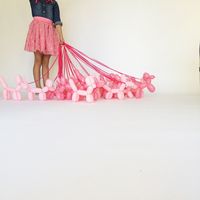 Pink balloon poodles on ribbon leashes