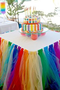 Rainbow Party Ideas | CatchMyParty.com. use leftover tulle from tutu to make table décor or use it to make high chair decoration