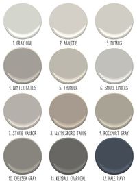 1. Gray Owl- a really pretty light gray. Amanda has this in her house and it looks beautiful; 2. Abalone- another pretty light gray with a touch of brown and lavender; 3. Nimbus- a warm neutral gray; 4. Winter Gates; 5. Thunder; 6. Smoke Embers- nice cool gray with blue tones- looks good with Hale Navy; 7. Stone Harbor; 8. Waynesboro Taupe- this color changes dramatically given the light but is really rich; 9. Rockport Gray- one of Amanda's favorites! ; 10. Chelsea Gray; 11. Kendall