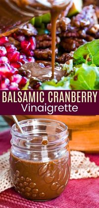 Balsamic Cranberry Salad Dressing - leftover cranberry sauce, balsamic vinegar, olive oil, plus a pinch of salt and pepper is all you need to make this smooth, sweet, and tangy vinaigrette. Make a delicious salad with your Thanksgiving leftovers or drizzle it over mixed greens topped with seasonal vegetables and fruit for an amazing meal.