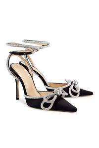 Mach & mach black satin pumps heel measures approximately 4 inches/ 110mm crystal-embellished bow and piped trims, pointed toe buckle-fastening ankle strap narrow across the toe