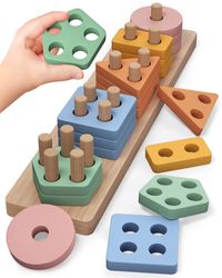 PRICES MAY VARY. 🌈Montessori Stacking Toys: This shape sorter toy contains 20pcs blocks with 5 colors and 5 different geometric shapes. The shapes are pentagon, square, triangle, round, and rectangle. Numbers, colors and shapes can be made different combination to make a better toddler's early learning. It's a kind of perfect montessori toys for 1 2 3 year old. 🌈Quality and Safety First: Our upgraded natural solid wood base with immovable pegs is thicker and heavier than other plywood ones, it