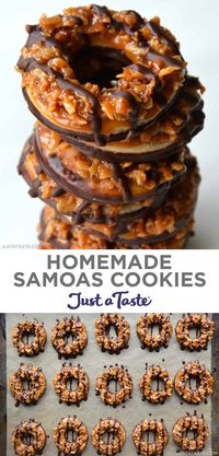 This Homemade Samoas Cookies recipe stars a buttery shortbread base piled high with a mix of toasted coconut and caramel that’s dunked and drizzled in dark chocolate. justataste.com #cookierecipes #cookies #girlscoutcookies #justatasterecipes