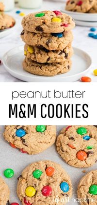 These peanut butter M&M cookies are super soft, thick and bursting with chocolate. They are the perfect cookie recipe for any peanut butter lover! #peanutbutter #peanutbutterdesserts #peanutbuttercookies #m&ms #m&mcookies #cookies #cookierecipes #easycookies #baking #homemade #recipes #iheartnaptime