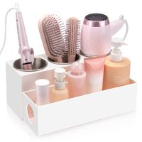 PRICES MAY VARY. EFFICIENT ORGANIZATION: The hair tool organizer comes with 3 stainless steel cups to safely store and organize hot tools such as hair dryers, curling irons, straighteners and more to prevent damage to other accessory items. Meanwhile, the bottom organizer can hold makeup accessories, hair accessories, etc. to keep your vanity top neat and organized PREMIUM QUALITY AND DURABLE: The hair dryer rack is made of high quality stainless steel and acrylic vinyl to ensure durability and