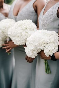 Bridesmaid's bouquets of white Hydrangea petals, bound with white satin and pearl pins  #froylepark