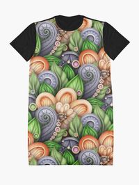 Colored seamless pattern with floral motifs on the graphic T-shirt dress. Endless Texture with Flowers, Leaves and Swirls. Natural Background in Doodle Style. Decorative realistic illustration with detailed ornament by Irina Krivoruchko © All Rights Reserved