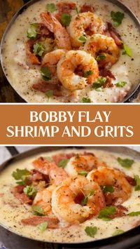 Bobby Flay Shrimp and Grits combines stone-ground grits, sharp cheddar cheese, succulent shrimp, crispy bacon, and fresh herbs. It takes approximately 45 minutes to prepare and serves 4 people.