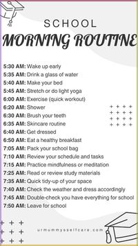 Start your day right with a school morning routine! Establishing a consistent morning routine helps improve focus, reduce stress, and sets a positive tone for the day 🌞. By organizing your morning with healthy habits like eating a balanced breakfast, reviewing your goals, and preparing for the day ahead, you enhance productivity and mental clarity 🎒. A structured routine also ensures you’re ready to tackle school challenges with confidence and energy. Begin your day with success! 🌟