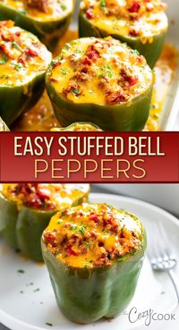 These Easy Stuffed Bell Peppers are a healthy dinner idea that's easy to customize! Filling options include ground beef, turkey, rice, cheese, tomatoes, and more!