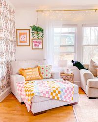 This corner is really coning together! The wallpaper and colorful pillows are giving me life! #eclectic #colorful #livingroomfurniture #homedecor #spring