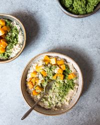 savory oatmeal with roasted butternut squash + sage and walnut pesto — whats cooking good looking