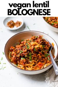 This easy lentil bolognese recipe is a quick weeknight meal that just so happens to be vegan and gluten free. It's filled with flavor and a great way to switch up pasta, plus it comes together in under 30 minutes!