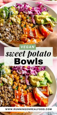 Try these vegan sweet potato buddha bowls for a nutritious and delicious plant-based meal featuring lentils, chickpeas, and veggies.