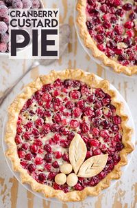 Cranberry Orange Custard Pie is a unique fall dessert recipe to add to your holiday menu. A flaky pie crust is filled with sweet custard laced with orange zest and tart cranberries for a special treat you won't forget! #CustardPie #CranberryPie #CranberryDessert