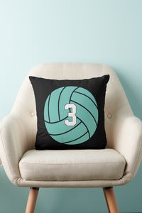 Make your own customized volleyball throw pillow with your own volleyball player's jersey number (or other text) and volleyball team color! Just click "Personalize this template" and type any volleyball player's jersey number or other text - player's initials, school letters, etc. - in the custom text box. Then click on "Click to customize further" and edit the background layer to change the color of the volleyball (currently set on light teal).