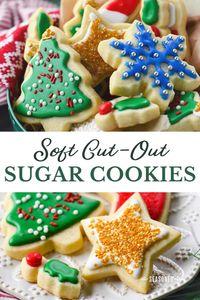 These thick, bakery-style soft cut out sugar cookies are a fun and festive addition to your Christmas cookie tray! Every mom (or grandma) should have an easy sugar cookie recipe that she can whip up in minutes with just a handful of simple ingredients. This is truly the best sugar cookie recipe ever! Cut out a batch and have fun decorating these sweet treats with your loved ones!