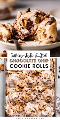 These chocolate chip cookie rolls are classic bakery-style cinnamon rolls stuffed with chocolate chip cookie dough! After baking, they're oozing with gooey chocolate and topped with a creamy vanilla bean glaze. A decadent breakfast treat recipe that's beyond delicious! | Cambrea Bakes