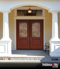 Therma-Tru Classic Craft fiberglass doors painted Fired Brick with Lucerna decorative glass. Classic Craft meets the styling of a sleek, modern, or classic entryway adaptable to suit multiple styles to stunning effect.