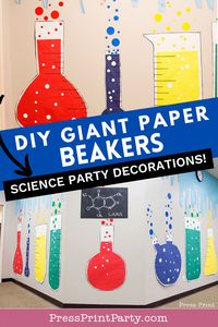 I made these giant beakers to decorate 3 walls for our science themed VBS at church. They’d also make fantastic decorations for any science themed party or event.  The walls are big and we needed a bunch of space filled in. But big science party backdrops can be expensive. I saw some giant beaker decorations online but they were way outside our budget.  So I made my own!