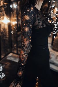 This stunning half-sleeve tattoo showcases a beautifully detailed night sky, featuring star clusters, constellations, and a cosmic landscape. The design is both elegant and mysterious, making it ideal for those who appreciate the wonders of the night sky and want a unique piece of body art that reflects their love for the universe.  Keywords: night sky tattoo, celestial tattoo, cosmic tattoo, constellation tattoo, half-sleeve tattoo, space-inspired tattoo, galaxy design, star tattoo